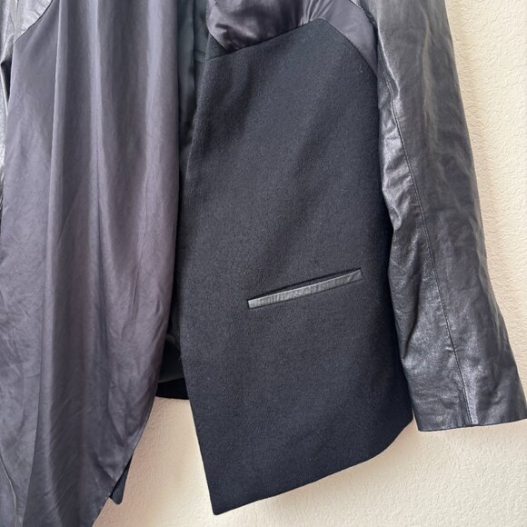 Leather Accented Satin Draped Mixed Media Modern Jacket - Picture 5 of 11